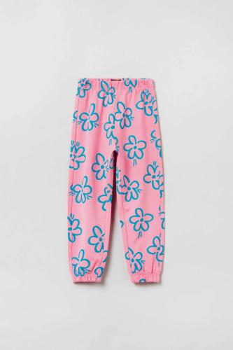 OVS παιδικό βαμβακερό παντελόνι φόρμας με ελαστικά τελειώματα και contrast flower print - 001822229 Ροζ 8-9Y